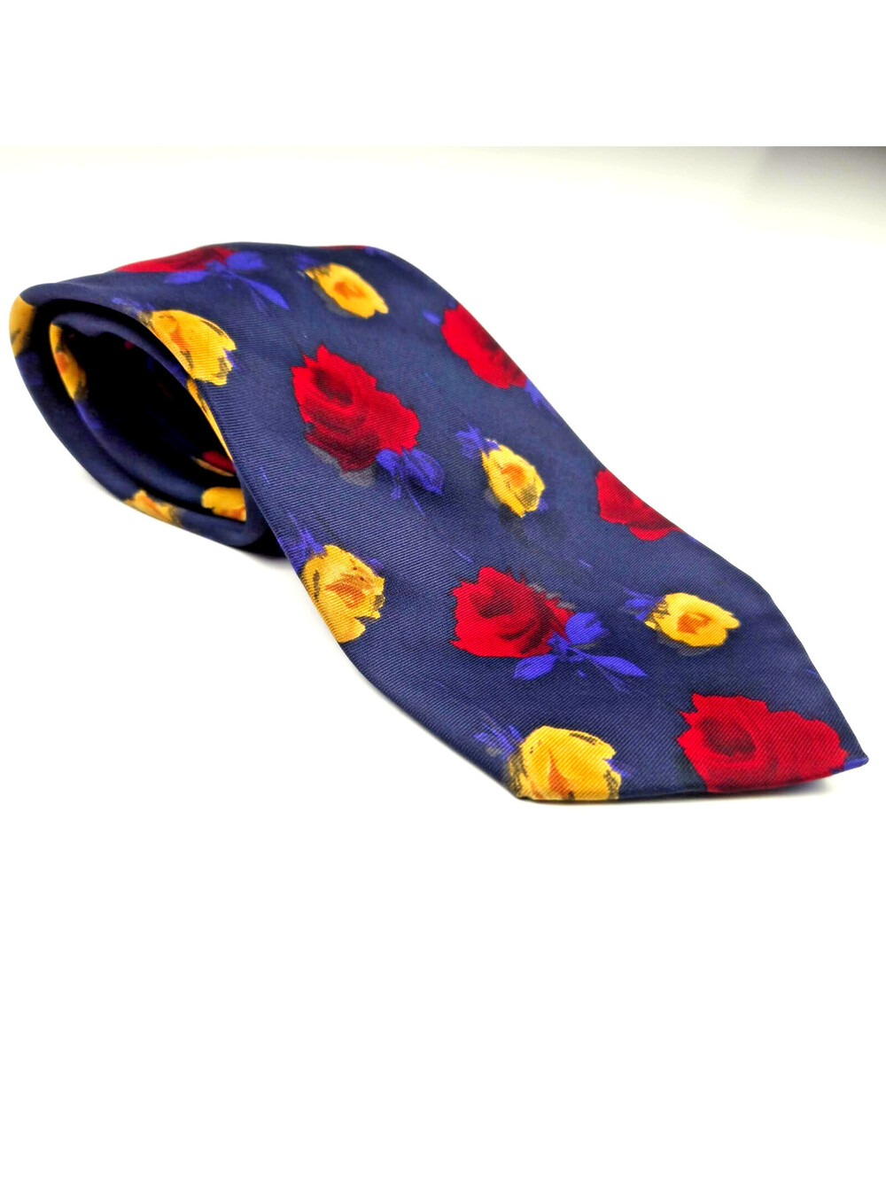 St Michael Marks & Spencer Silk Tie Navy w Roses Floral Vintage 100% silk UK